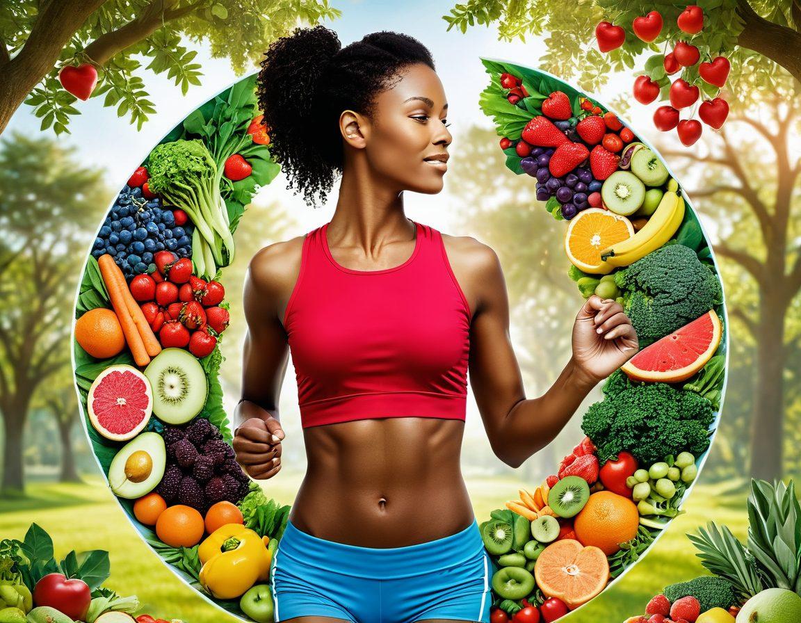 A vibrant, split-image design showcasing a colorful plate filled with fresh fruits, vegetables, and heart-healthy foods on one side, and an energetic person jogging in a serene park on the other side. The background is bright and inviting, symbolizing health and vitality. Include subtle heart motifs to emphasize the theme of heart disease prevention. Illustrative, modern style. vibrant colors.